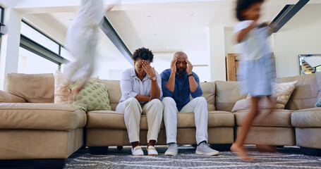 Parents, stress and headache from children in home with noise, energy or overwhelmed in living room. Hyper active, adhd and tired mother and father with burnout from kids running, games or chaos - obrazy, fototapety, plakaty