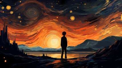 Fototapeta premium Hand drawn cartoon illustration of a beautiful person looking at the sky and thinking under the stars 