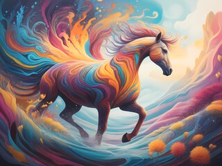 Obraz na płótnie Canvas Dreamy and Ethereal Style Illustration of a Horse, Colorful Fantasy Style Artwork, AI Generative