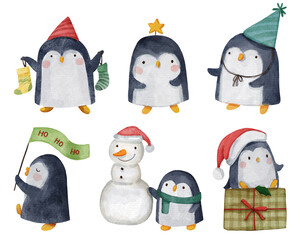Fototapeta premium Penguin . Christmas theme . Watercolor paint cartoon characters . Isolated . Set 3 of 4 . illustration .