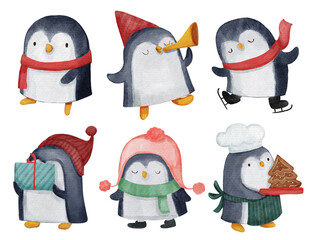 Penguin . Christmas theme . Watercolor paint cartoon characters . Isolated . Set 1 of 4 . illustration .