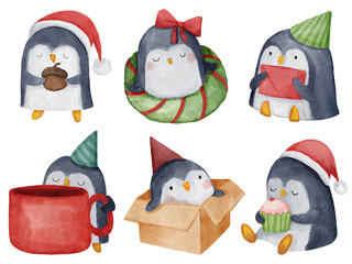 Penguin . Christmas theme . Watercolor paint cartoon characters . Isolated . Set 2 of 4 . illustration .