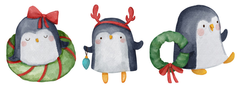 Penguin . Christmas theme . Watercolor paint cartoon characters . Isolated . Set 4 of 4 . illustration .
