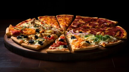 A tasteful arrangement of assorted pizza slices, each featuring unique toppings, forming a tempting mosaic of flavors.