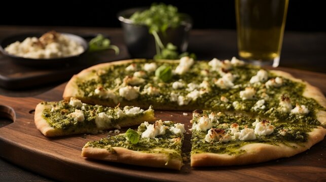 A tempting image showcasing the irresistible charm of a Pesto and Goat Cheese Pizza, with the golden-brown crust and the creamy goat cheese creating a visual feast.