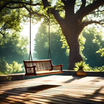 Old wooden terrace with wicker swing hang on the tree with blurry nature background 3d render. 