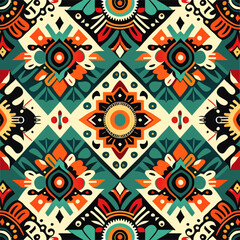 Fototapeta premium Tribal vector ornament. Seamless African pattern. Ethnic carpet with chevrons. Aztec style. Geometric mosaic on the tile, majolica. Ancient interior. Modern rug. Geo print on textile. Kente Cloth.