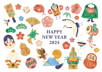 水彩 お正月イラストセット