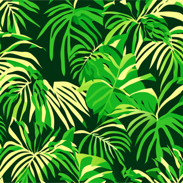Seamless pattern with tropical leaves on dark green background. Vector illustration.