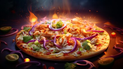 An artistic portrayal of Thai Chicken Pizza with abstract lighting, creating a visually captivating and mysterious composition.