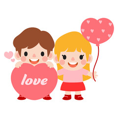 happy valentines day teen couple clipart. Romantic girl and boy giving heart balloon gift