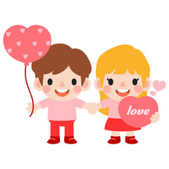 Obraz na płótnie Canvas happy valentines day teen couple clipart. Romantic girl and boy giving heart balloon gift