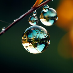 AI-Generated Image Suspended Droplets Water Droplets Perfect Spherical Shapes Reflections from Crystal Clear Circular Water Drops Again Blue Background Closeup Macro Water Orbs Reflecting Nature Space