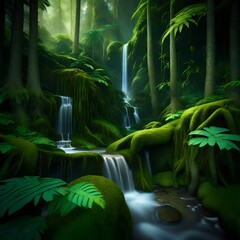 A hidden waterfall cascading through lush greenery in a secluded forest.