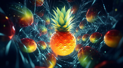 A juicy pineapple and mangos with a neon glow and dynamic energy. Abstract illustration of fruit in space environment. - obrazy, fototapety, plakaty