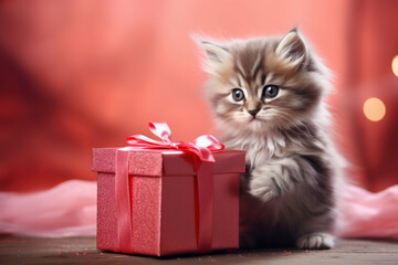 adorable fluffy kitten holding pink gift box in paws