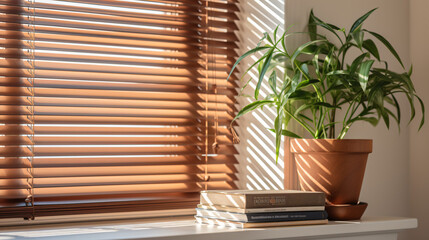 Motorized 50mm wide wood blinds with a houseplant
