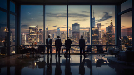 Business people discussing business in the office view from outside the building - obrazy, fototapety, plakaty