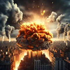 Explosion of nuclear bomb in the city. end of world illustration. Nuclear war threat concept 3D- - obrazy, fototapety, plakaty