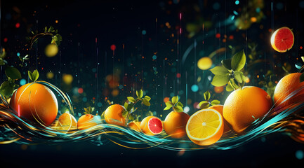A juicy variety of orange and grapefruit slices with a neon glow and dynamic energy. Abstract illustration of fruit in space environment.