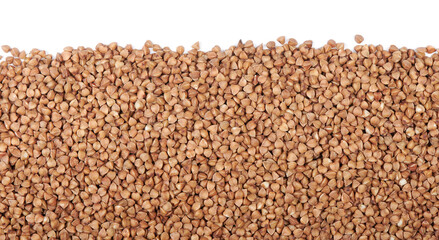 Pile of buckwheat isolated on white background. Top view.