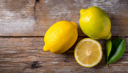 The lemon an important cooking ingredient is positioned on a vintage wooden table.