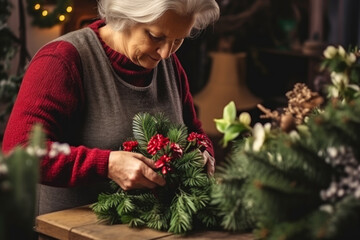Elderly woman making a Christmas wreath - obrazy, fototapety, plakaty