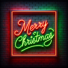 Neon Merry Christmas Sign on Brick Wall Background