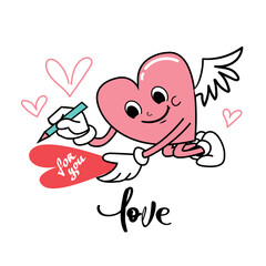 Hippie Love Sticker for Valentine's Day. Trend of the 60s, 90s. Comic character happy heart writes an inscription for you. Vector illustration