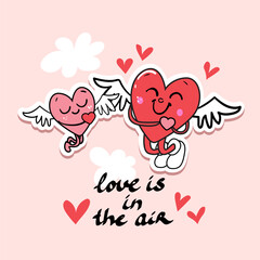 Hippie Love Sticker for Valentine's Day. Trend of the 60s, 90s. Comic character two happy loving hearts. Vector illustration