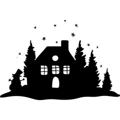 Snowy winter house in the fir forest
