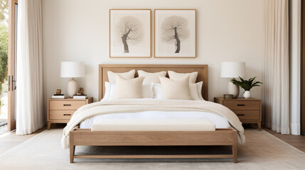 Fototapeta na wymiar Neutral bedroom with stylish wooden bed and elegant