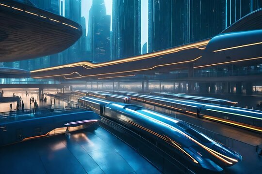 Futuristic transportation hub with high-speed trains and hovering vehicles