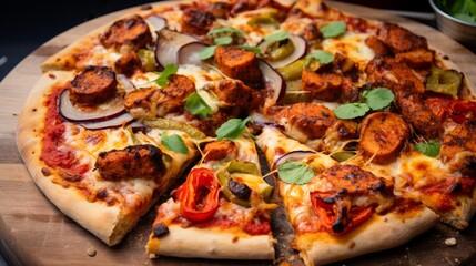 Close-up view of a Chicken and Chorizo Spanish Pizza, highlighting the smoky chorizo slices