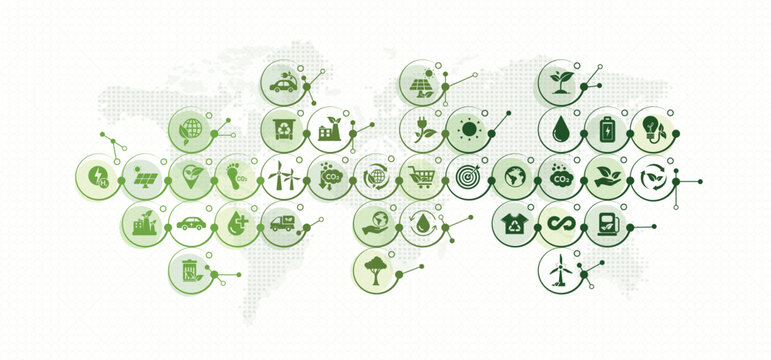 World environment and sustainable development concept with ecology icons with green geometric template to reduce co2, eco friendly, green technology and ecology isolated vector in flat vector style.