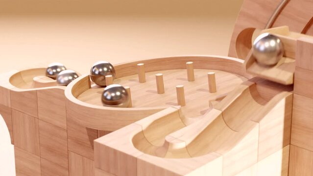 Relaxing Wooden Marble Run Toy. Marble Machine with Wooden Blocks and Warm Lighting. Vintage Rolling Ball Sculpture. 3D Rendering
