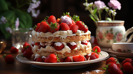 Fototapeta premium chocolate cake with strawberries HD 8K wallpaper Stock Photographic Image