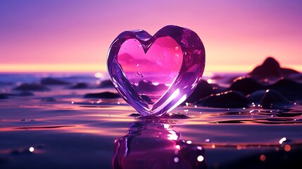 Valentine's day background with glass heart on the water surface.