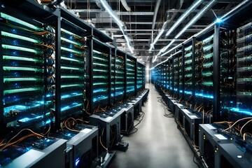 Digital currency mining farm with rows of high-performance mining rigs - obrazy, fototapety, plakaty