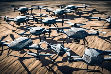 Fototapeta na wymiar Autonomous drones flying in formation, showcasing the future of unmanned aerial technology.