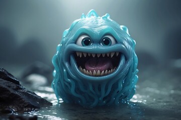 A picture of detailed blue slime monster with a scary smile. - obrazy, fototapety, plakaty