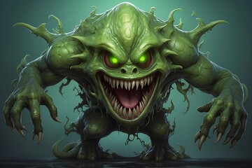 A picture of detailed green slime monster with a scary smile. - obrazy, fototapety, plakaty