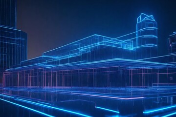 3D wireframe model of a futuristic building with digital overlays - obrazy, fototapety, plakaty