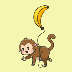 cute monkey flying with banana balloon
