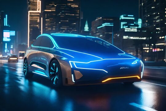 Autonomous vehicle navigating through a futuristic city with AI-driven traffic control