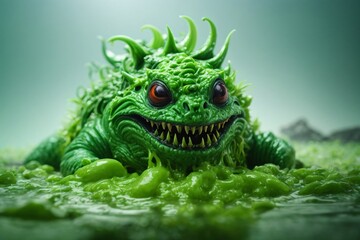 A picture of detailed green slime monster with a scary smile. - obrazy, fototapety, plakaty
