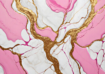 Pink white with gold patterns marble background. The marble texture is pink with white and gold patterns.