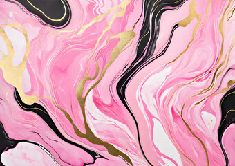 Pink with black and gold patterns marble background. The marble texture is pink with black and gold patterns.
