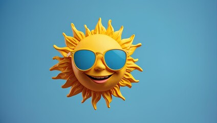 A smiling yellow sun with sunglasses on a solid sky blue background. Generative AI