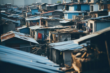Overcrowded slum with dilapidated housing and blue rooftops